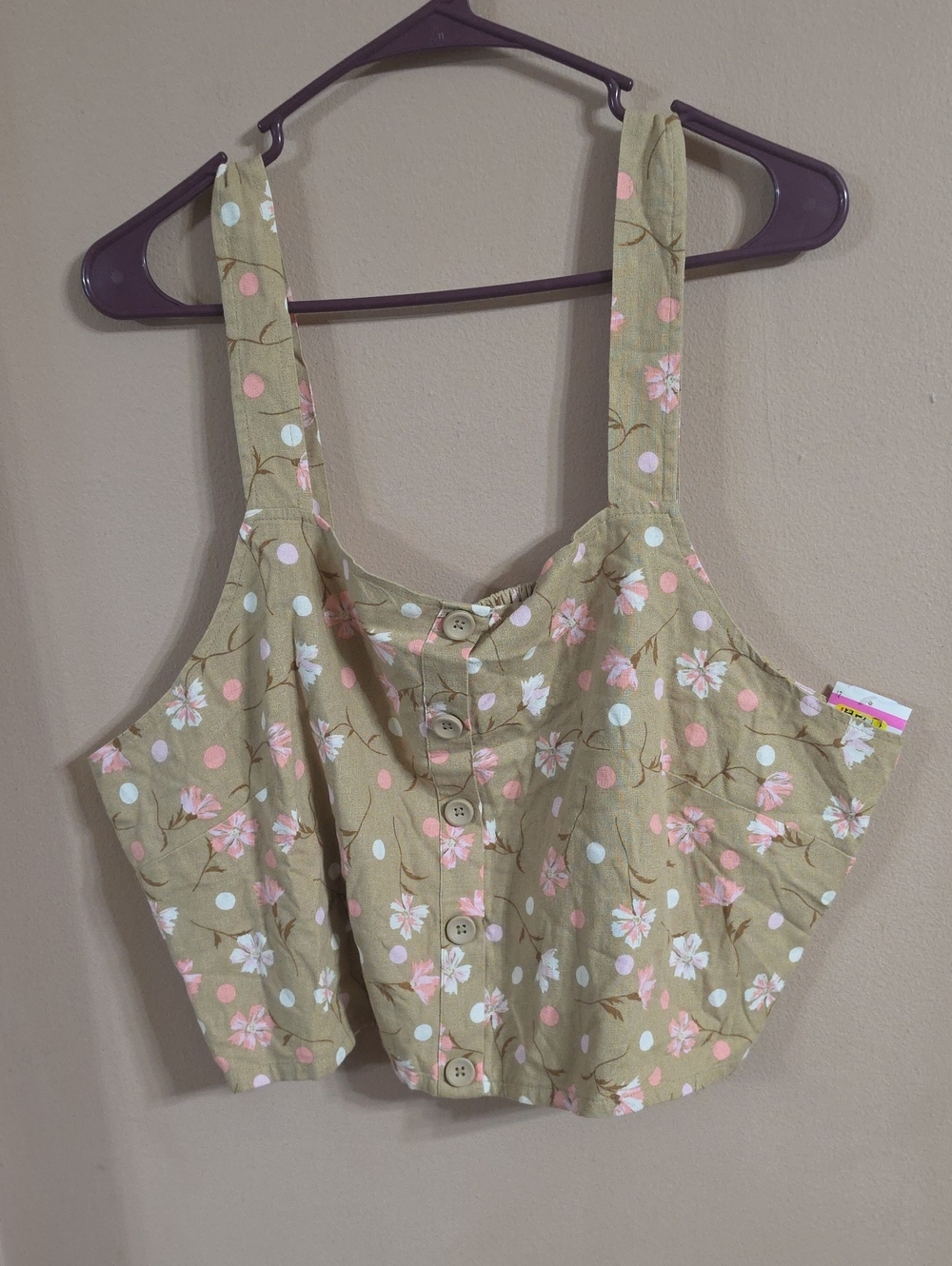 bp Floral Button-Front Crop Tank in Tan with Pink & White Accents